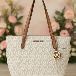 Michael Kors Jet Set Tote – Cream Signature MK Canvas with Brown Leather Trim